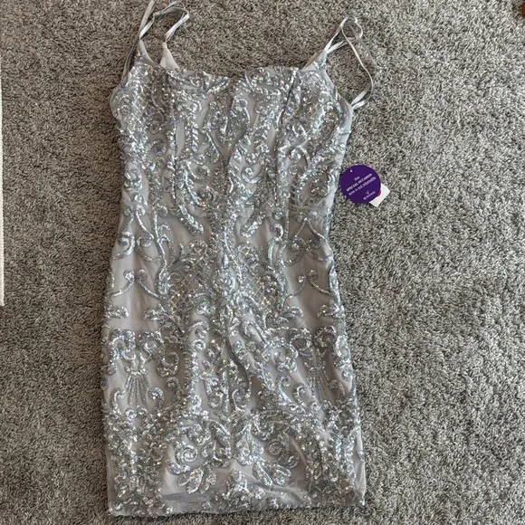 silver glitter homecoming dresses A-Line Cold Shoulder Glitter Silver Sequins Homecoming Dress main image 1